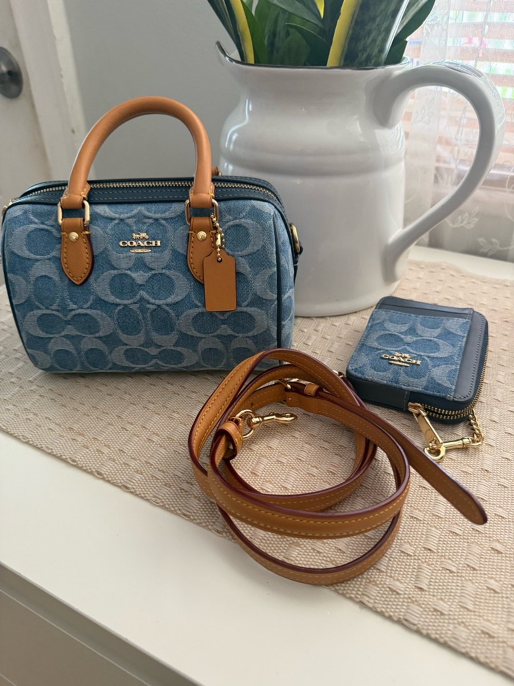 Coach Denim Signature Mini Satchel with Tan Leather Trim